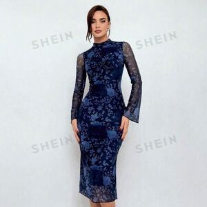 SHEIN Flower Pattern Mesh Splice Midi Dress